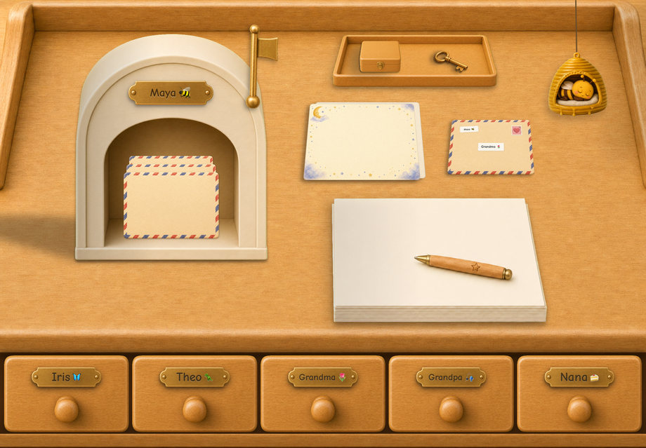 The Honey Cottage desk — warm honey wood with a cream arched mailbox and brass flag