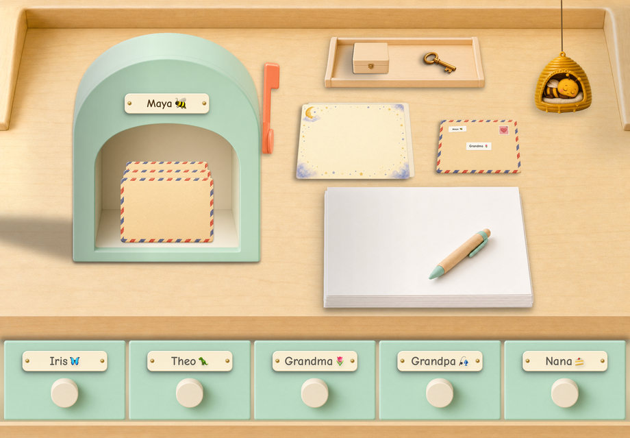 The Mint Modern desk — pale maple with a mint mailbox and coral flag