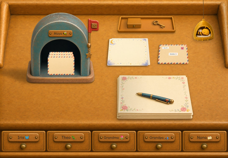 The Storybook desk — deep wood with a slate-blue mailbox, red flag and floral writing paper