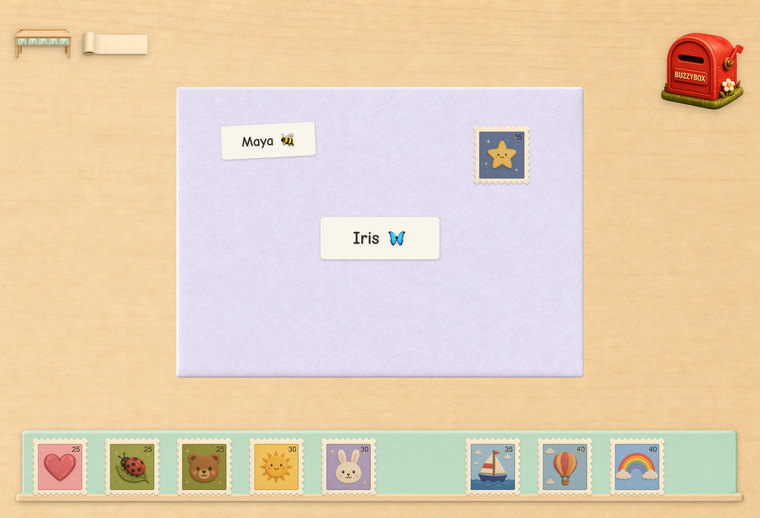 A lavender envelope addressed to Iris with a star stamp on it, a tray of stamps below and the postbox waiting